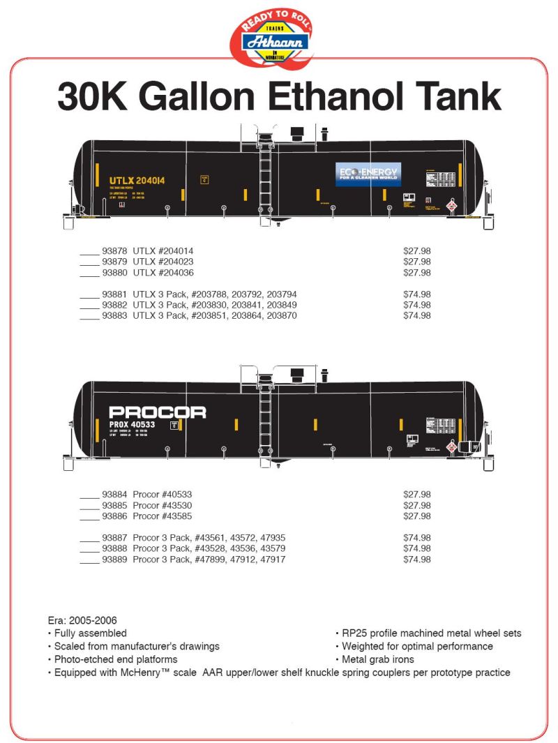 HO Scale 3000 Gal Ethanol Tqank Car Flyer June 2008