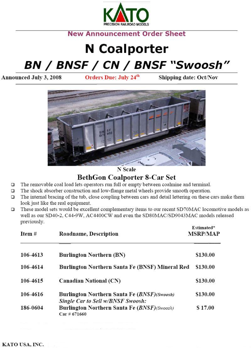 N Scale Kato Coal Car Flyer July 2008